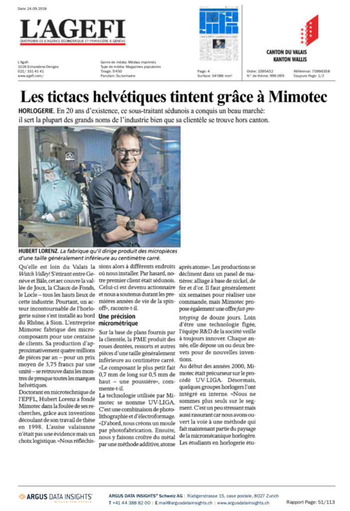 News article excerpt - Hubert Lorenz talks about Mimotec and UV-LIGA technology application